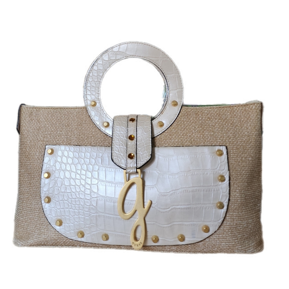 VINTAGE GUESS WOVEN STRAW / BEIGE MOC CROC DETAILED TOTE BAG - Picture 2 of 7